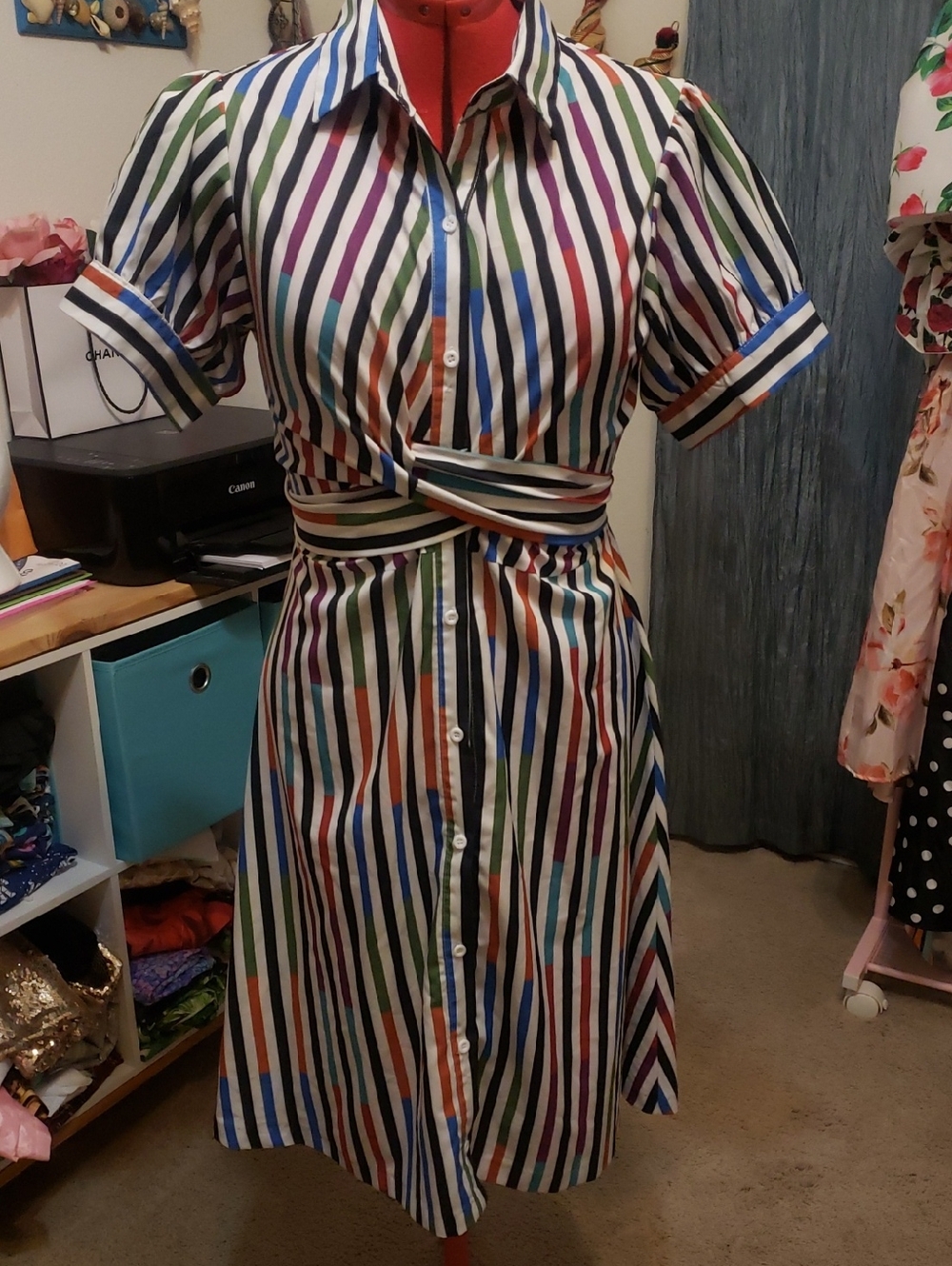 Multicolor Striped Button-Front A-Line Dress